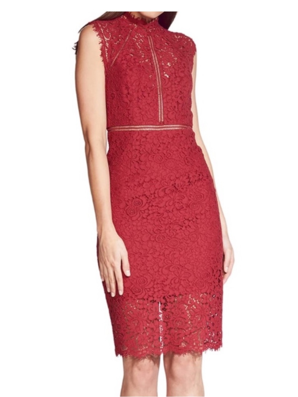 Bardot Red Sleeveless Lace Midi Knee Length High Neck Sheath Dress